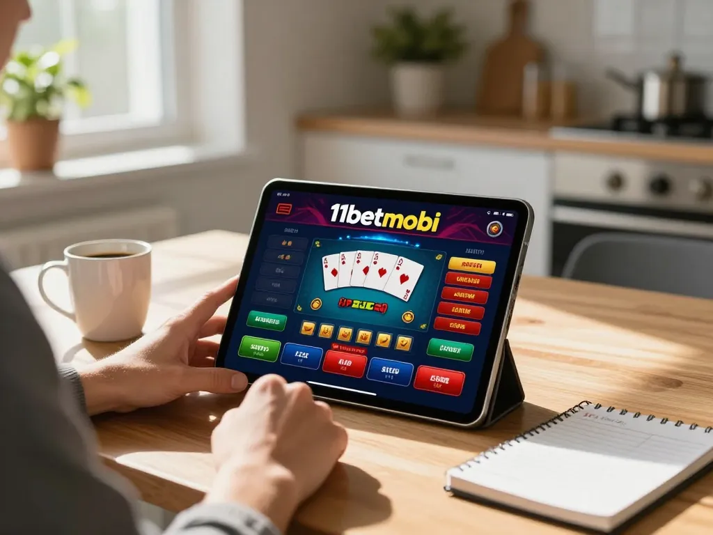 Engaging moment of online poker gameplay on 11betmobi displayed on a tablet while enjoying a cozy home environment.