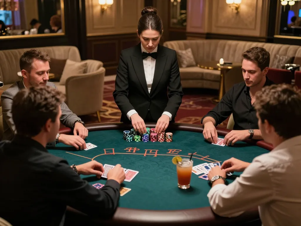 33WIN players engaged at an exclusive poker table in a luxurious casino setting