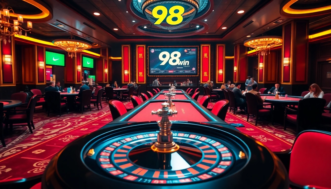 Experience the thrill of 98win with players at a poker table surrounded by luxury casino elements.