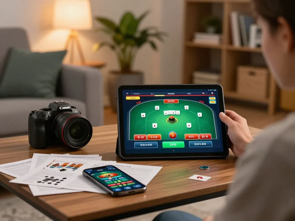 Engaging in online poker gaming at home with https://9bet9.in.net strategy notes and app on tablet.