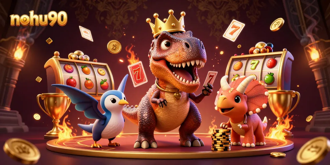 Nohu90 showcases a 3D dinosaur scene with card shuffling, slot game elements, and vibrant casino dynamics.