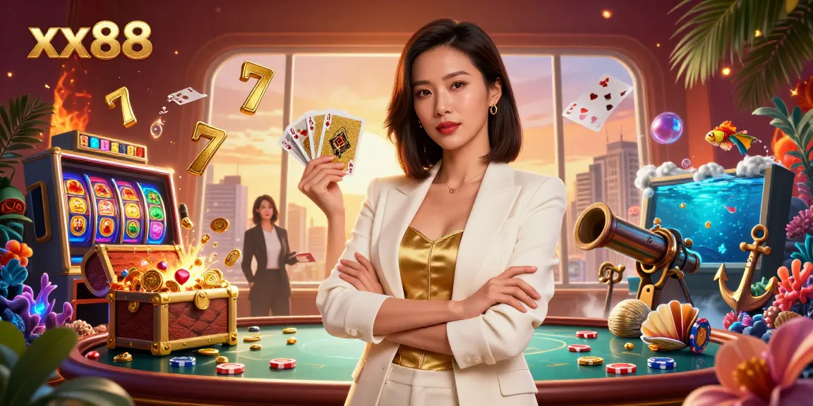 A dynamic gaming scene with an elegant Asian woman promoting xx88's winning odds through casino games.