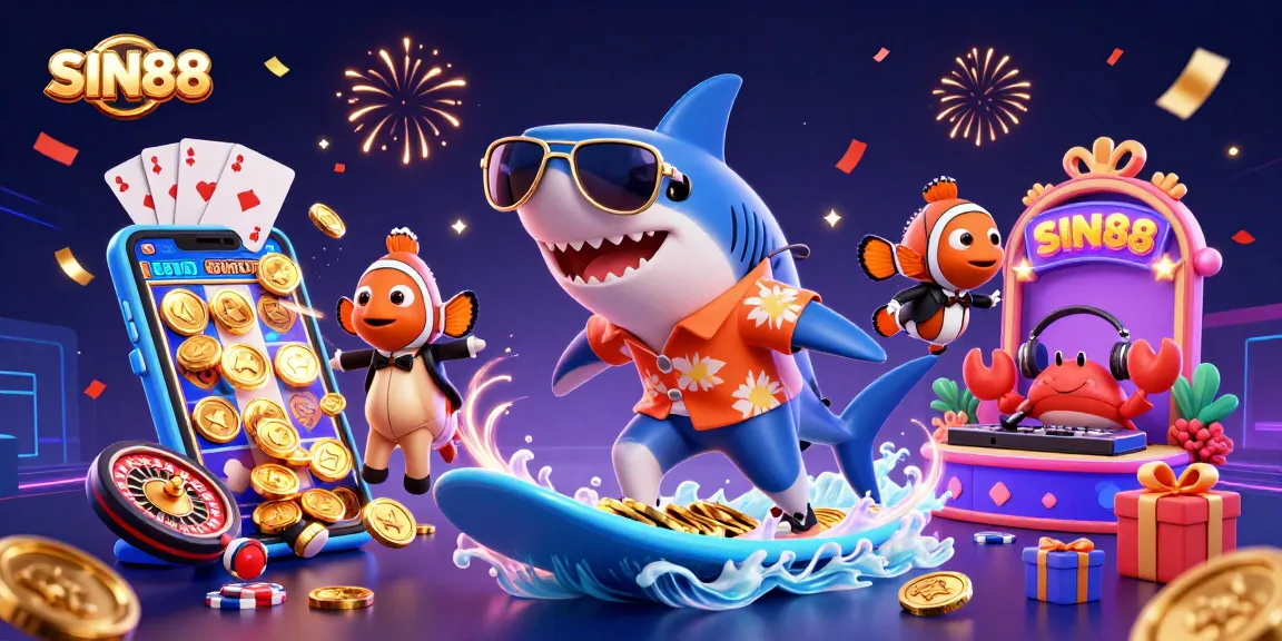 SIN88 showcases a vibrant casino scene with a hammer-head shark and colorful gaming elements.