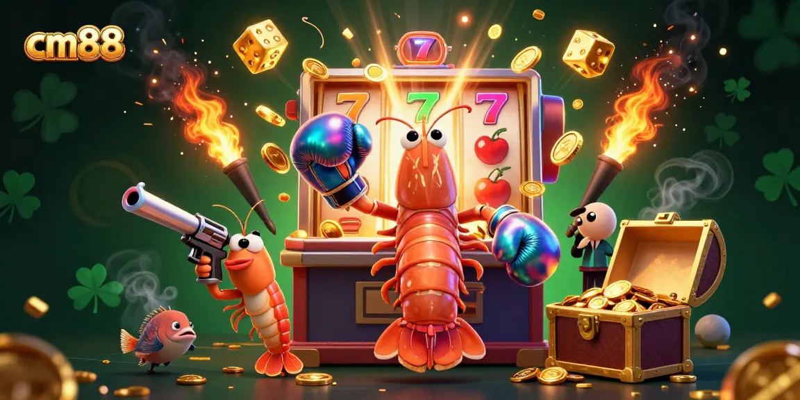 Experience exciting gameplay with cm88 in this vibrant illustration featuring slot machines and lucky symbols.