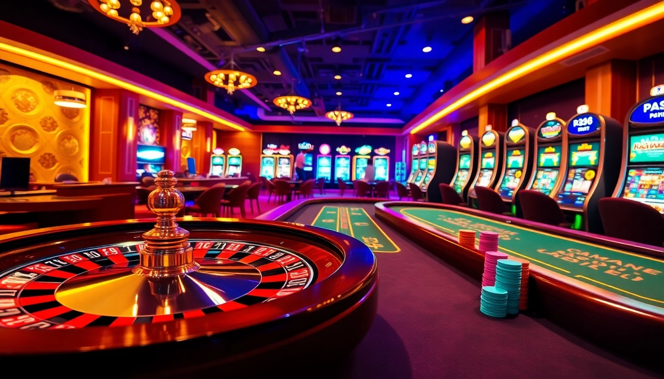 Exciting casino atmosphere with RR88 elements, showcasing roulette wheel and poker action.