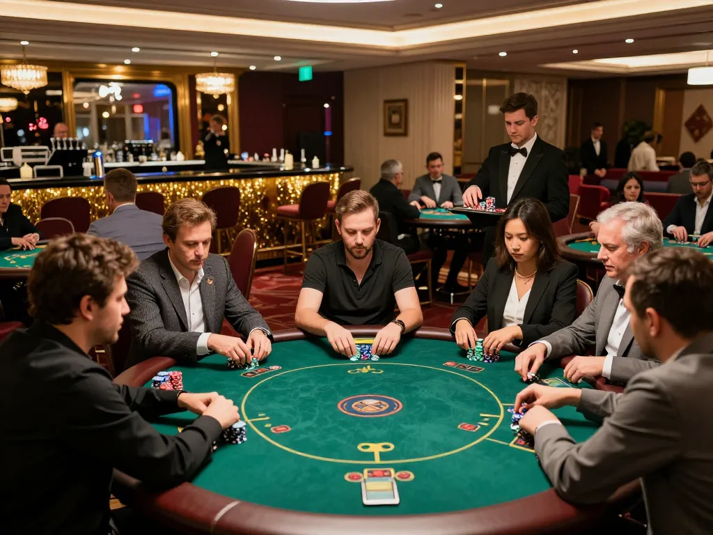 Players engaging in a high-stakes poker game at FC88 casino, showcasing vibrant atmosphere and strategic gameplay