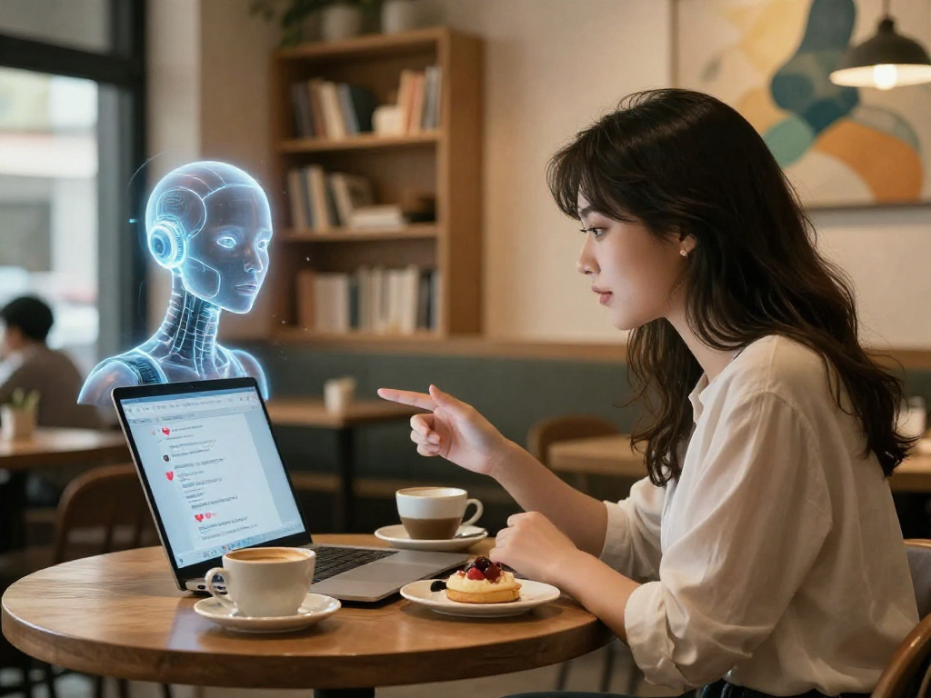 AI girlfriend interacting in a cozy café setting with holographic elements and romantic ambiance.
