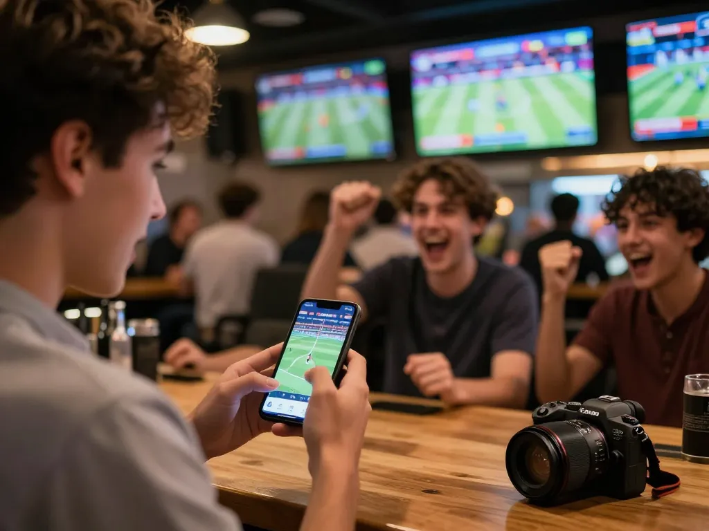 Person placing live bets on HZ88 sports app in a lively bar setting, showcasing exciting gameplay.