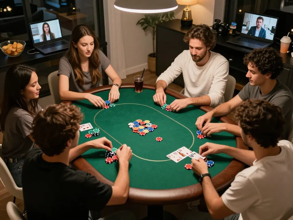 Players enjoying poker night at home, strategizing and placing bets on 58win game, vibrant atmosphere.
