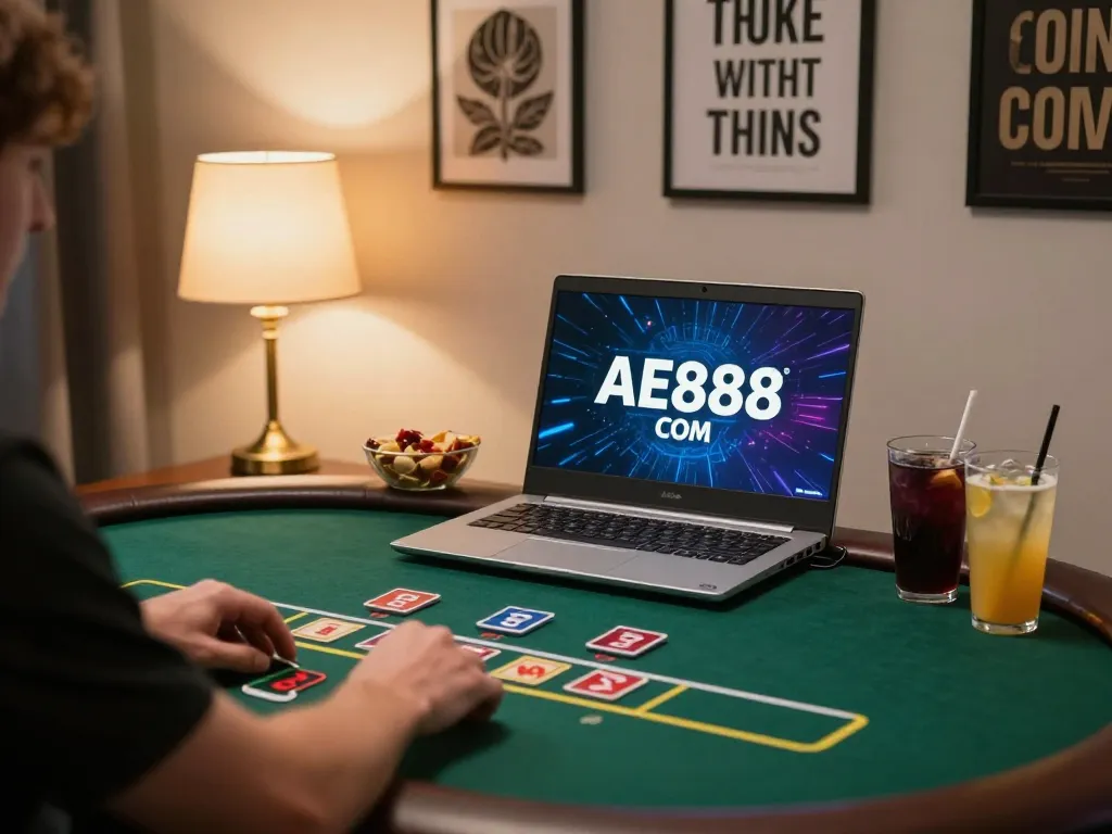 Engaged player exploring AE888 COM's live dealer games on a stylish laptop, showcasing a premium online gambling experience