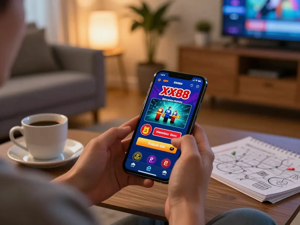 Play casino games on the XX88 app via smartphone in a warm, cozy setting.