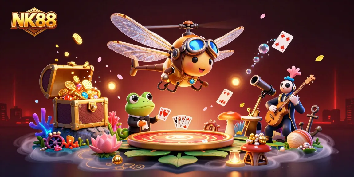 Experience NK88 with vibrant casino scenes featuring a dragonfly pilot and frog dealer.