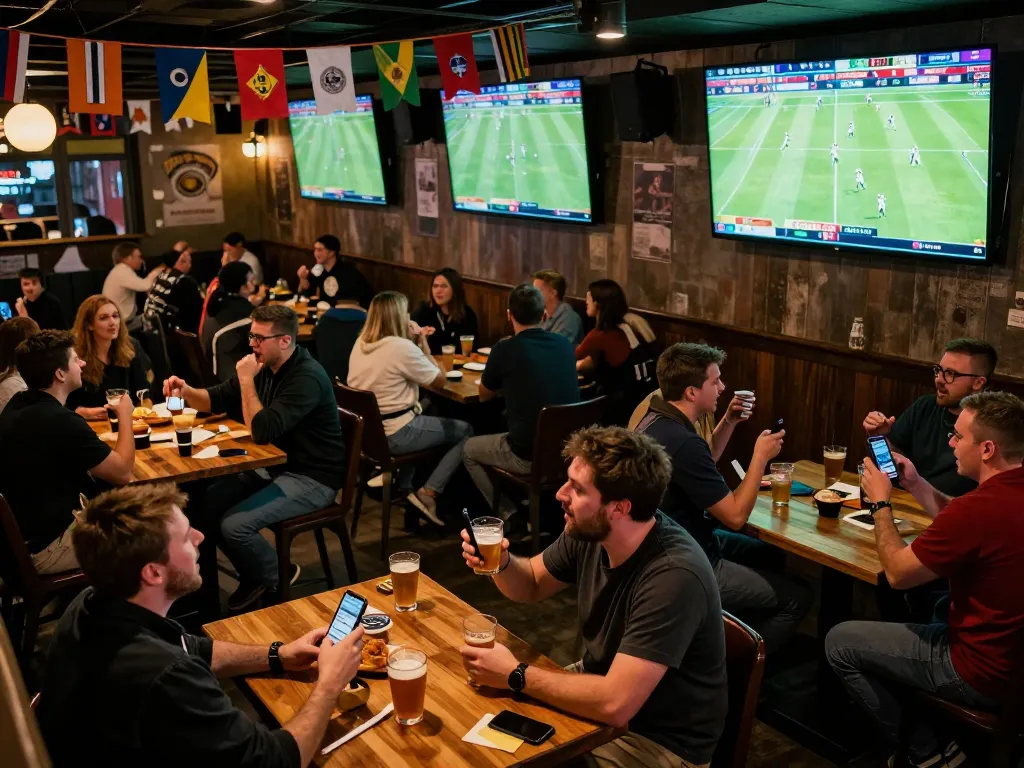 CakhiaTV enthusiasts enjoying live sports betting experience in a lively sports bar filled with excitement.