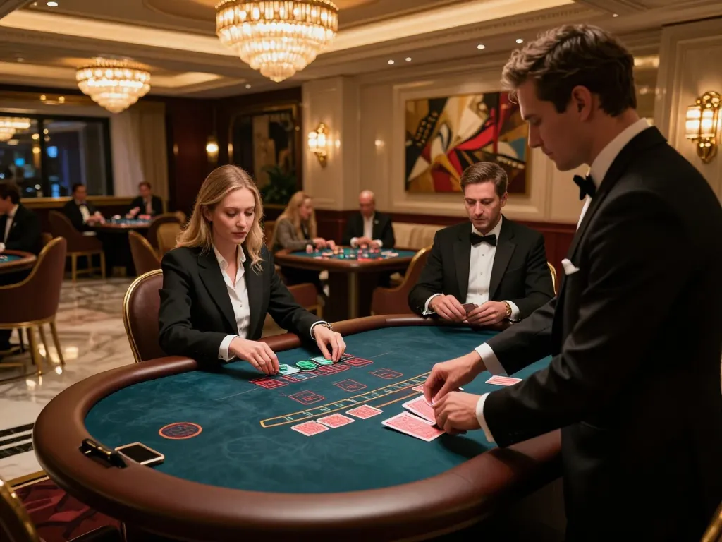 Exciting blackjack gameplay at an upscale casino VIP area featuring OK365 as guests strategize.