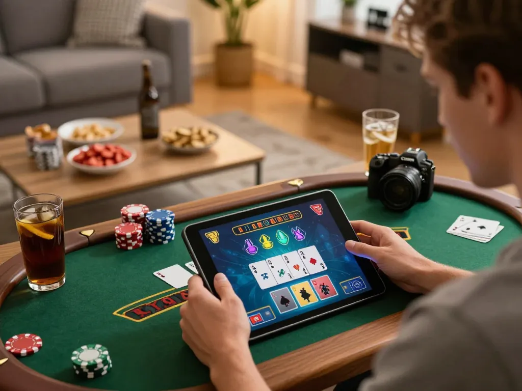 Rikvip player engaging in live blackjack on a tablet with snacks and warm ambiance.