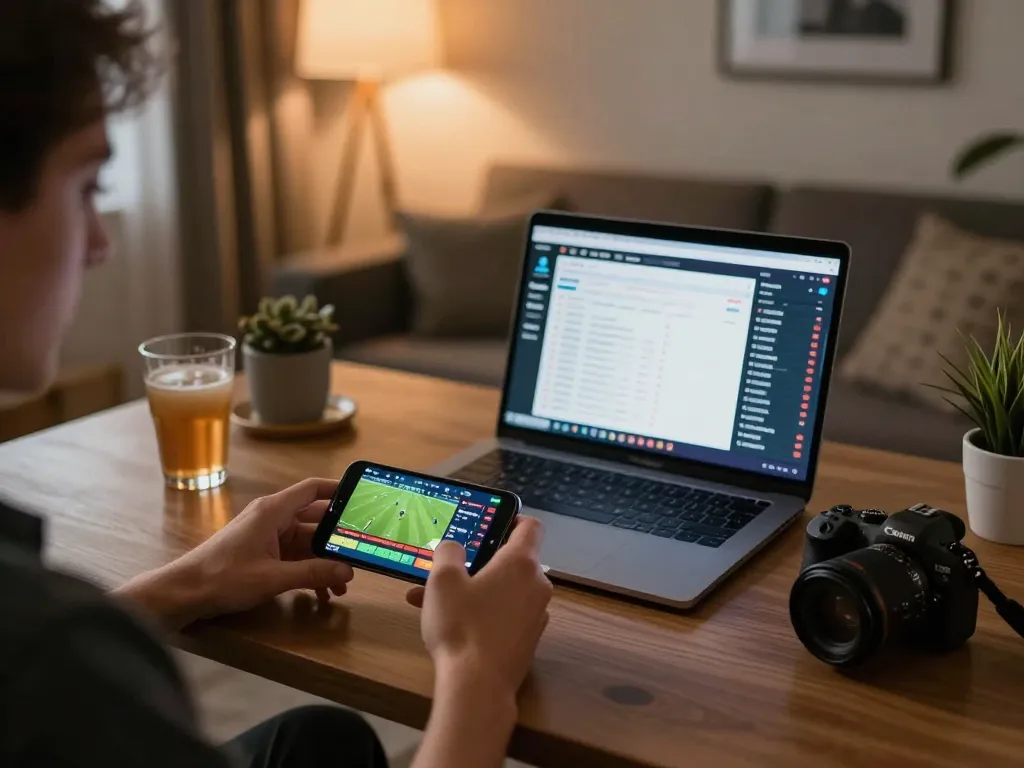 Engaging in live sports betting on a smartphone with exciting odds at https://cherubs.eu.com/ in a stylish home office