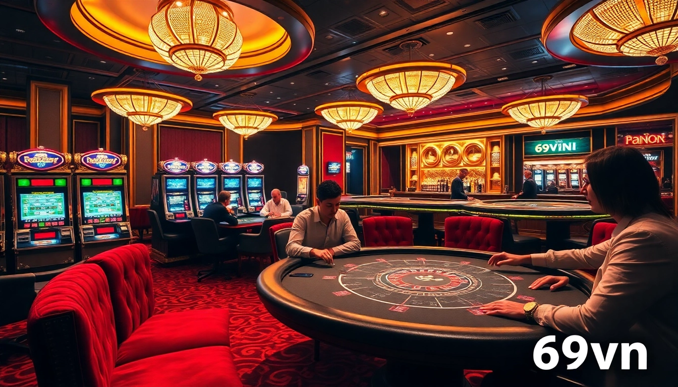Players enjoying a poker game at a luxurious casino, showcasing the thrilling atmosphere of 69vn.