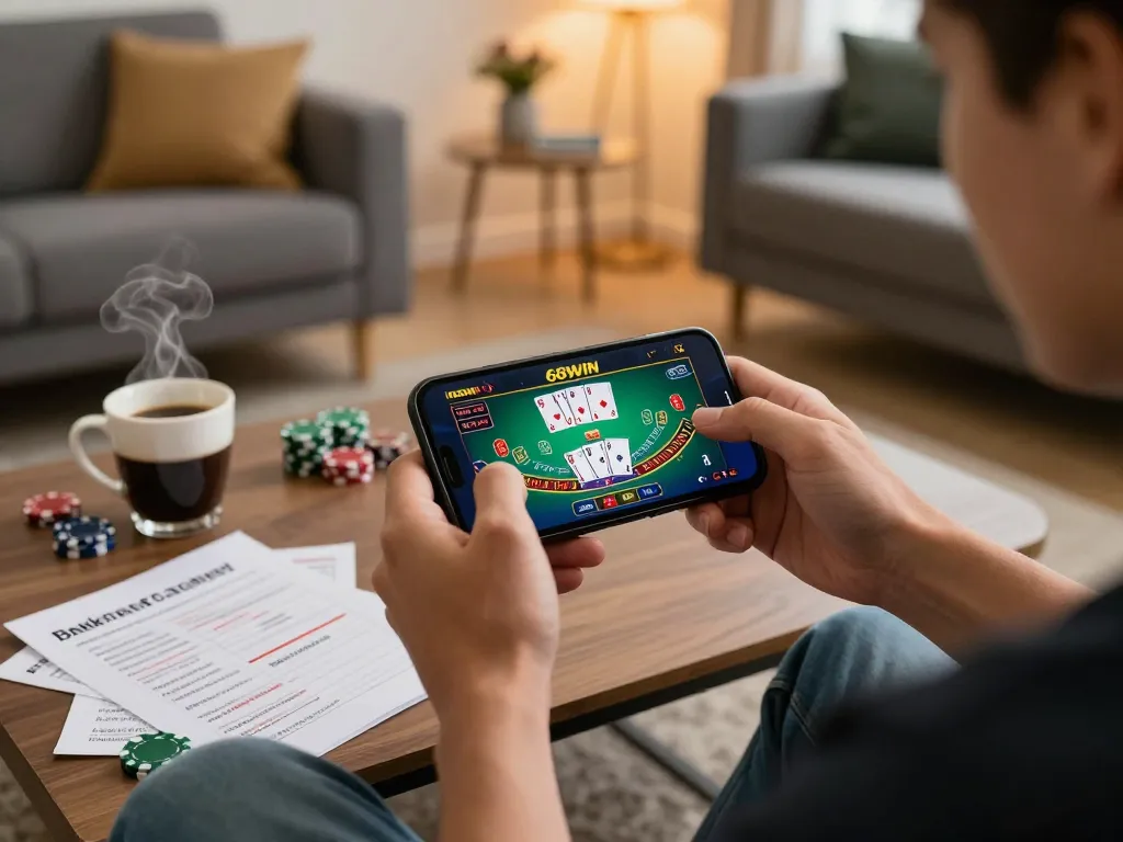 Engaging gameplay on the 68win app with a player using a smartphone in a cozy home setting.