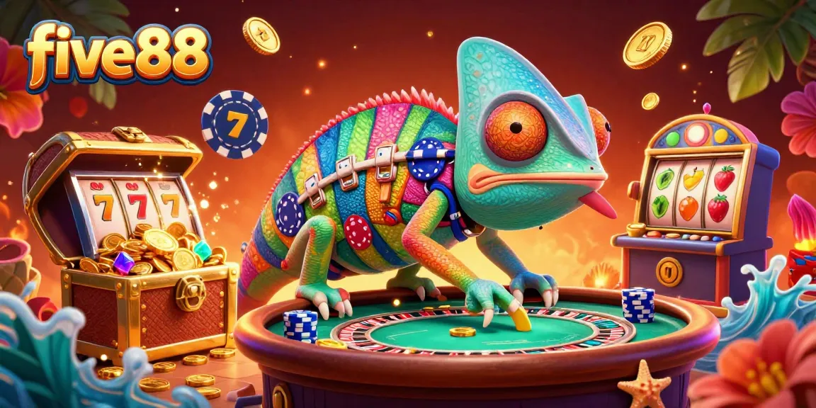 Witness the vibrant five88 casino scene featuring an animated chameleon owner and floating slot machines.