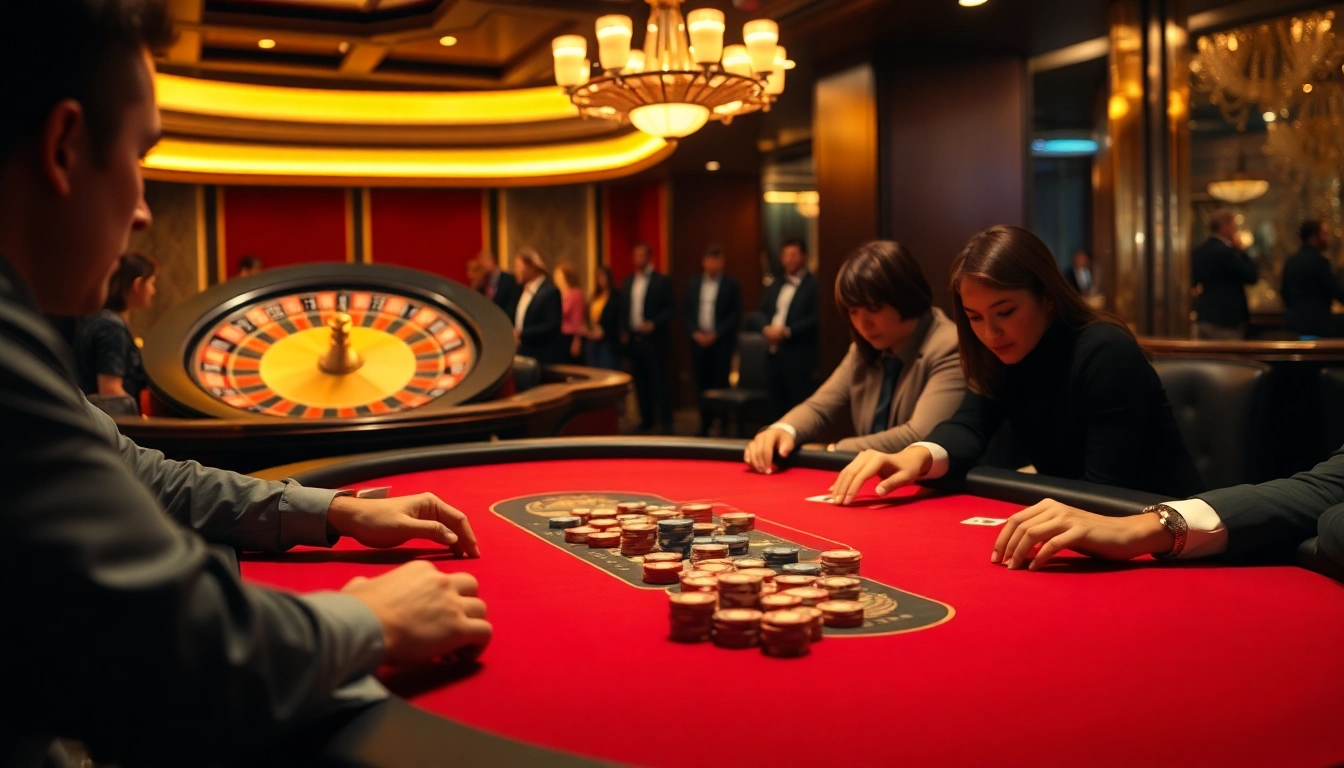 Experience the excitement at 58win with players enjoying poker and roulette in a luxurious casino setting.