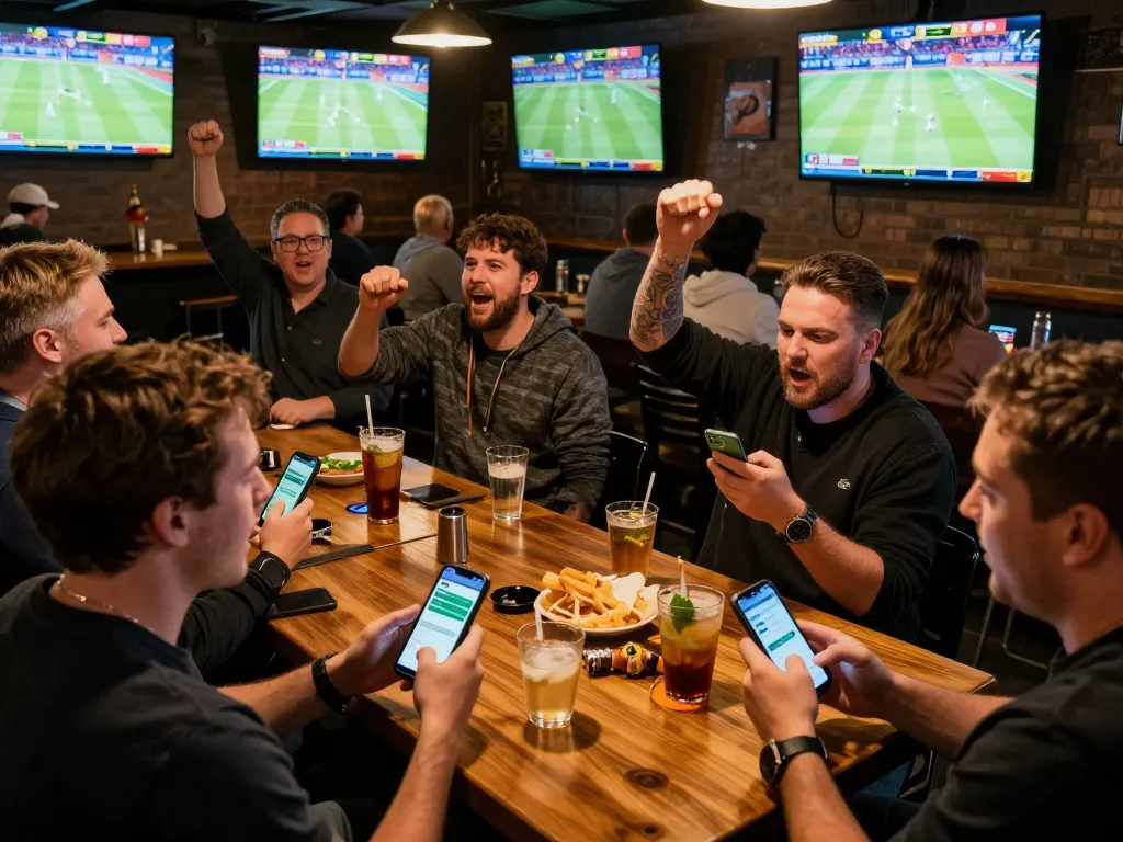 Engaged fans placing bets on บอล ออนไลน์ in a lively sports bar environment.