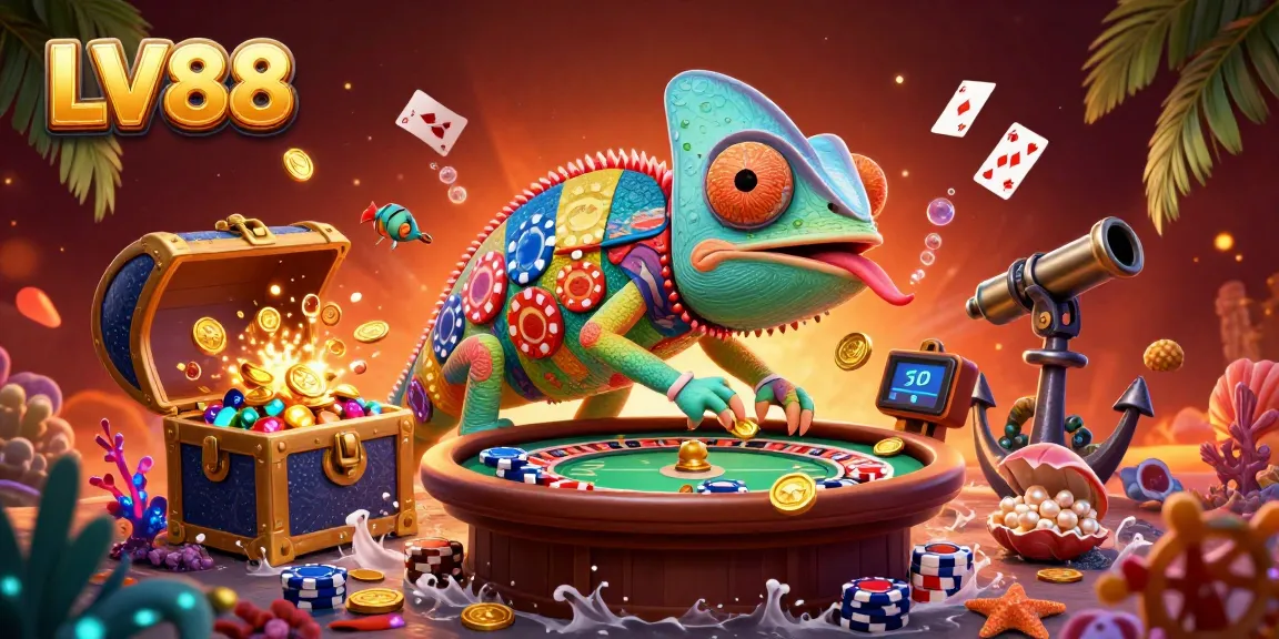 Experience the excitement of LV88 with our vibrant casino illustration showcasing a chameleon owner and gold coins!