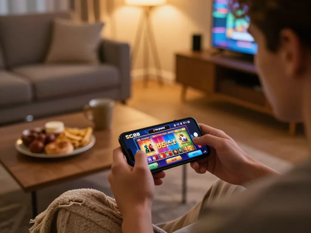 Player enjoying SC88 mobile gaming experience on smartphone in cozy home environment.