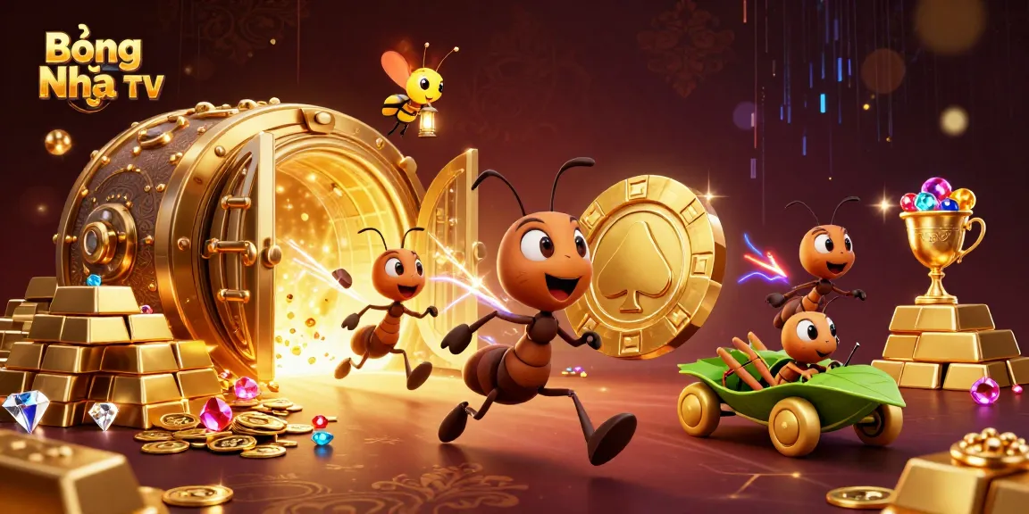 Bóng Nhựa TV presents an exciting heist scene with charming cartoon ants carrying a giant poker chip amidst sparkling treasures.