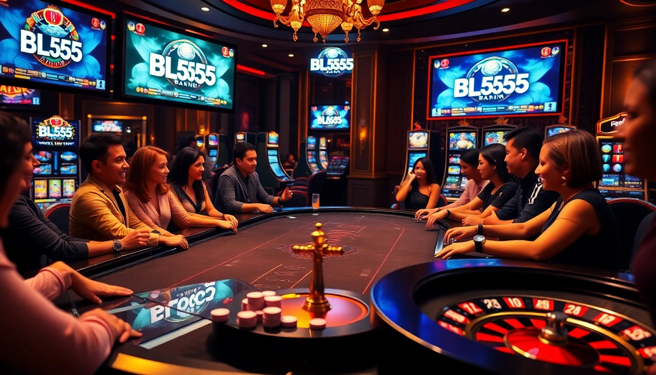 Jogadores entusiasmados aproveitando jogos diversificados no cassino BL555, apresentando uma atmosfera de jogo vibrante.