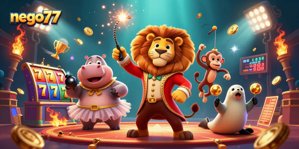 Nego77 spins up exciting casino fun with a circus-themed illustration featuring vibrant characters and games.