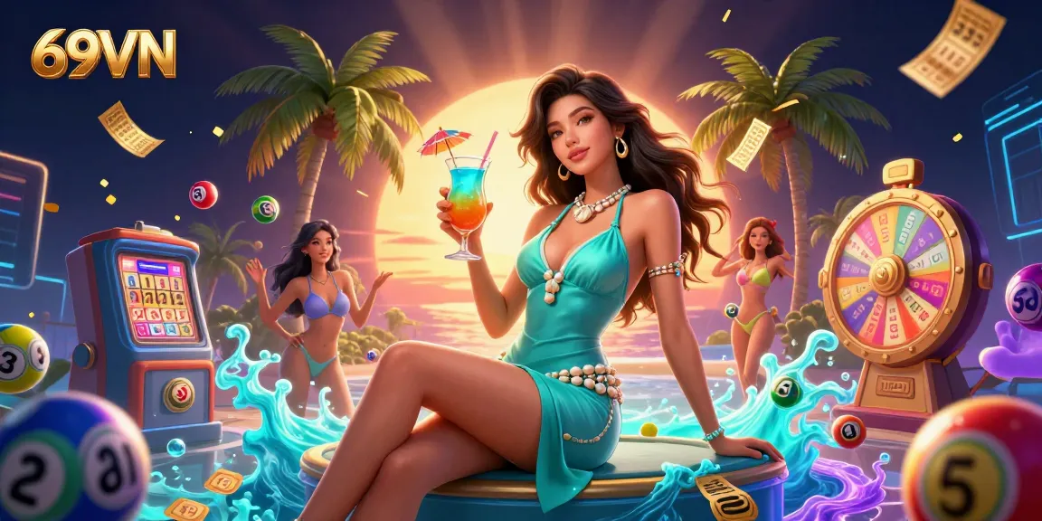 Experience thrilling gaming at 69VN with vibrant scenes of dynamic lottery action and a glamorous tropical backdrop.