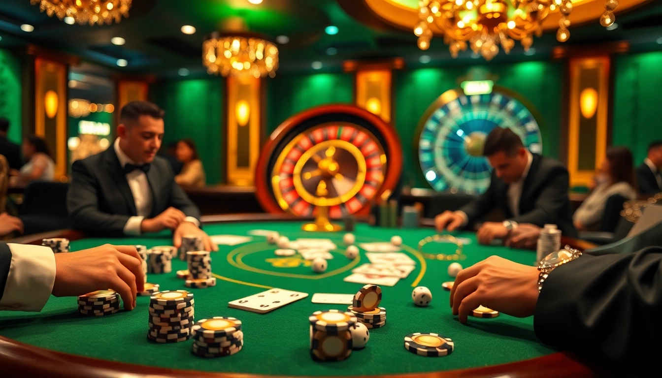 Players engage in a high-stakes poker game at 88vv, showcasing excitement in a luxurious casino atmosphere.