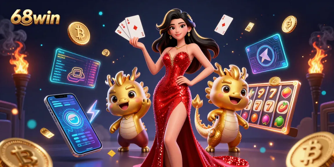 Experience thrilling gameplay at 68win with stunning visuals of an elegant character amidst casino elements.
