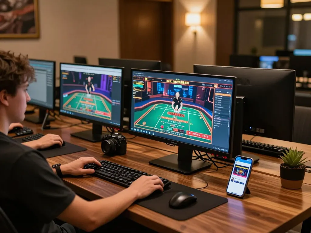 Player engaging in online gaming on rr88 with live dealer interface and multiple screens