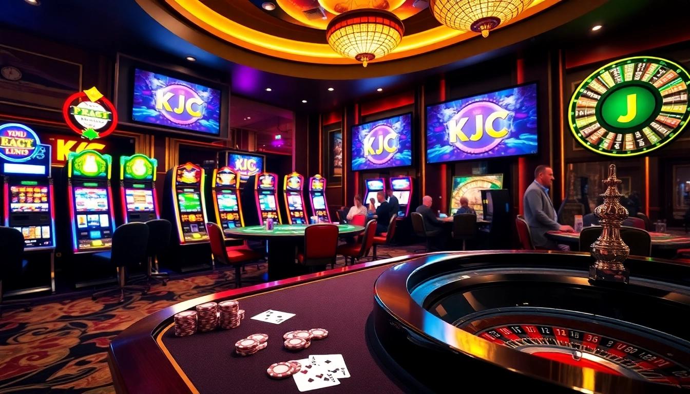 KJC casino scene featuring poker, slots, and roulette, showcasing strategic gambling excitement.