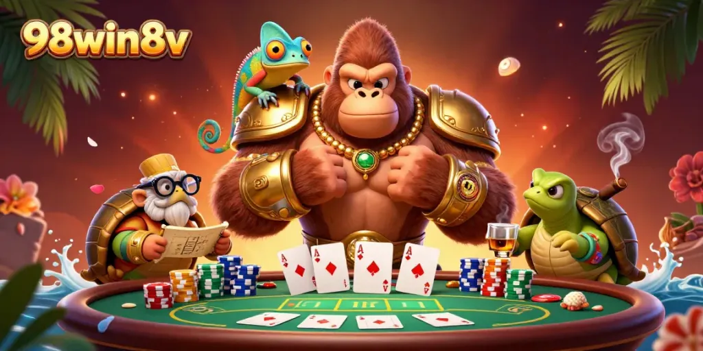 Experience exciting poker action at 98win8v with vibrant characters and dynamic gaming elements.