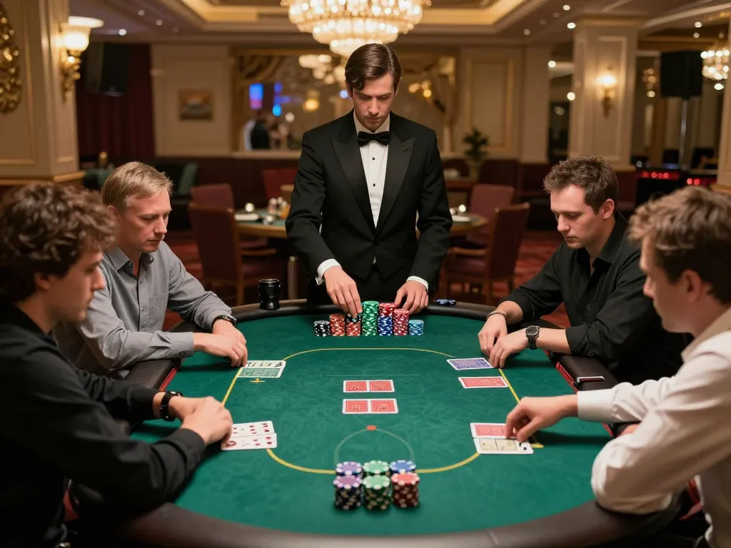High-stakes poker game scene showing intense players and dealer at da88gg casino, highlighting strategy and excitement.