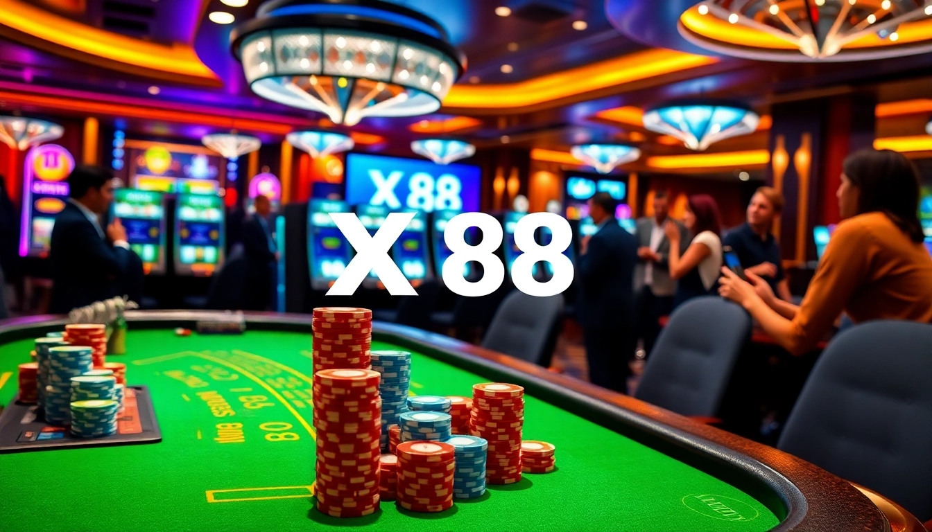 Experience excitement at X 88's luxurious casino table, showcasing vibrant chips and a thrilling atmosphere.