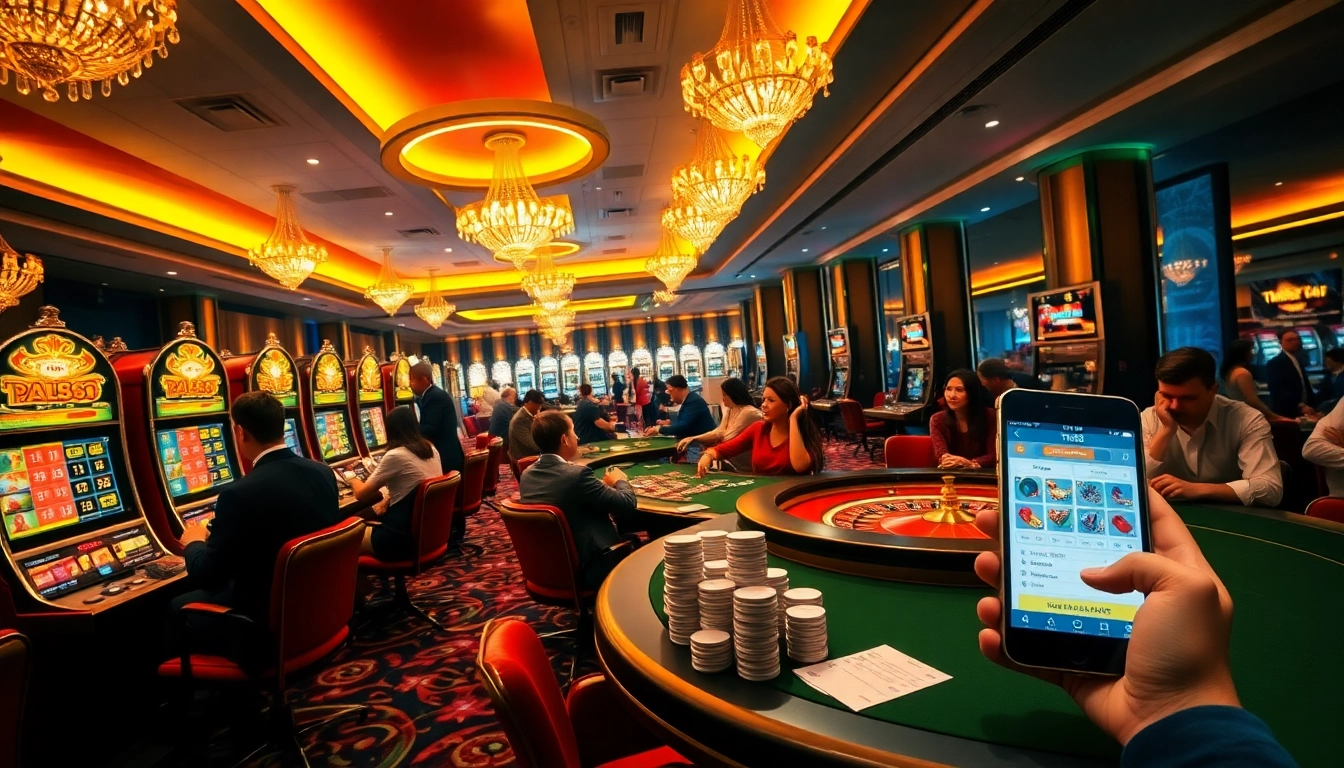Players enjoying exciting casino games with the tr88 app displayed on a smartphone amidst vibrant slot machines.