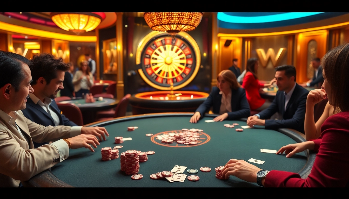 Win78 poker players engage in an exciting game at a luxurious casino table.