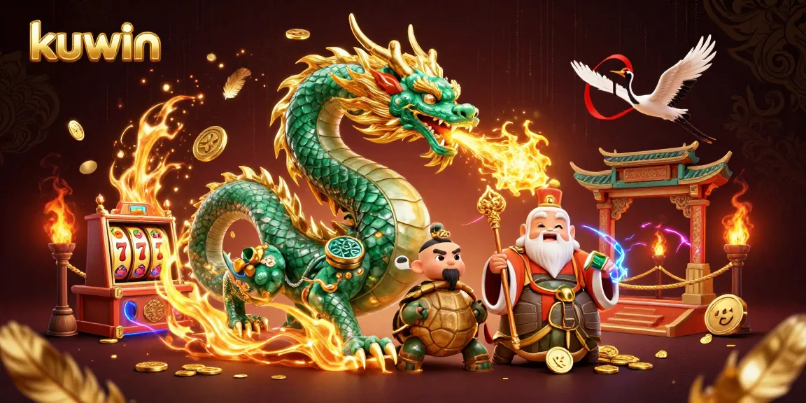 Kuwin illustrates a vibrant dragon and turtle sage in a bustling casino scene filled with slot elements.