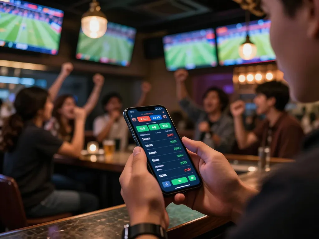 Engaging sports betting experience with thể thao az888 mobile app in a lively bar setting