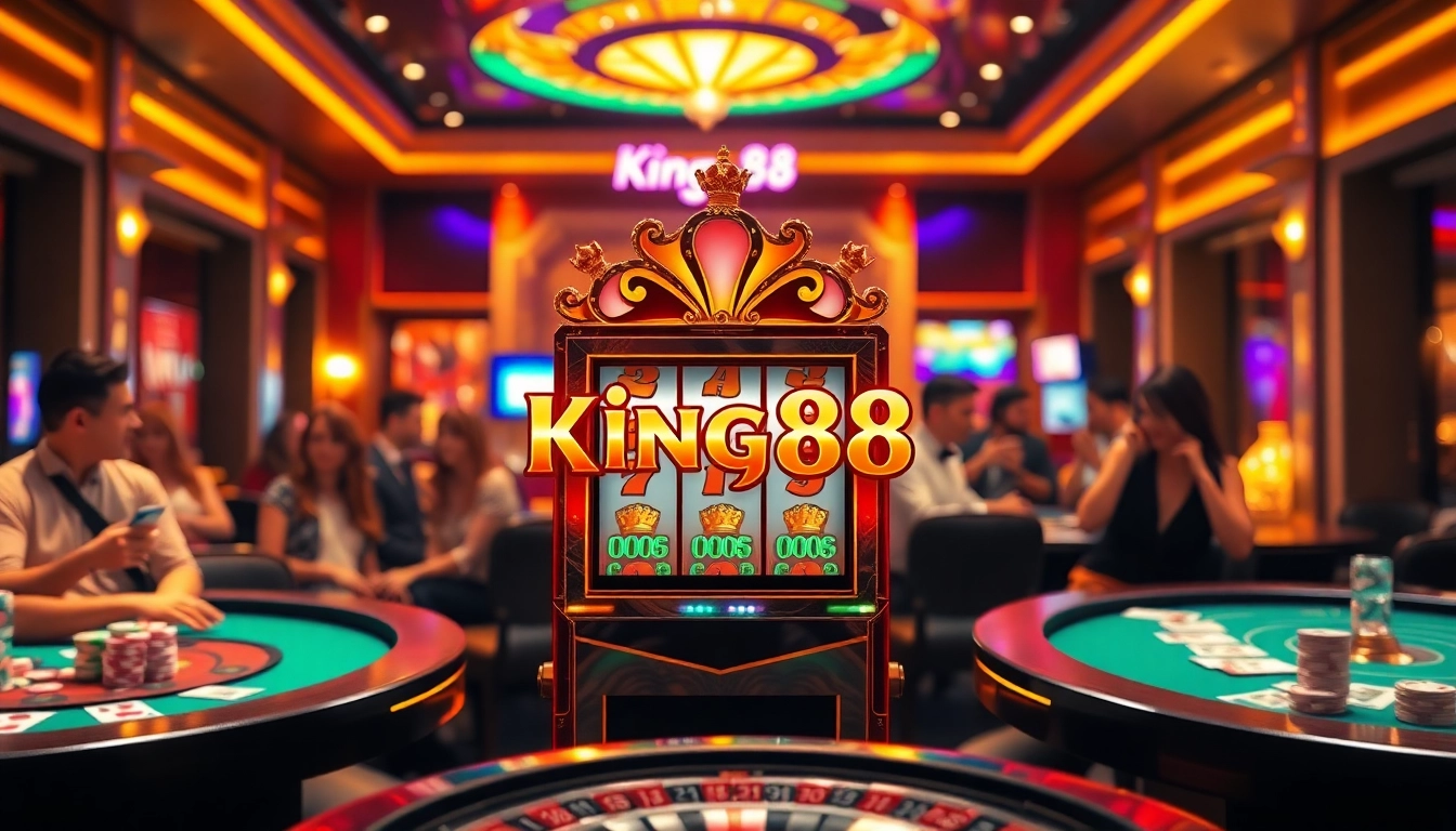 Players experiencing the excitement at King88's vibrant casino, surrounded by slots and poker tables.