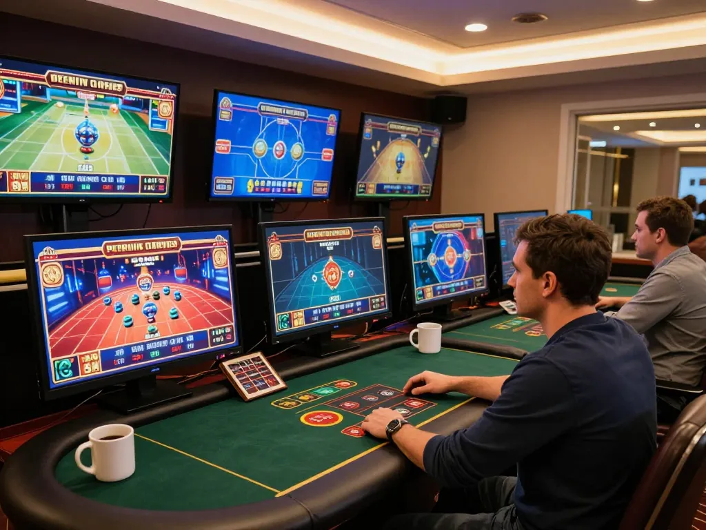 HM88 online gambling scene with a strategist engaged in immersive gameplay across multiple screens, highlighting responsible gaming.
