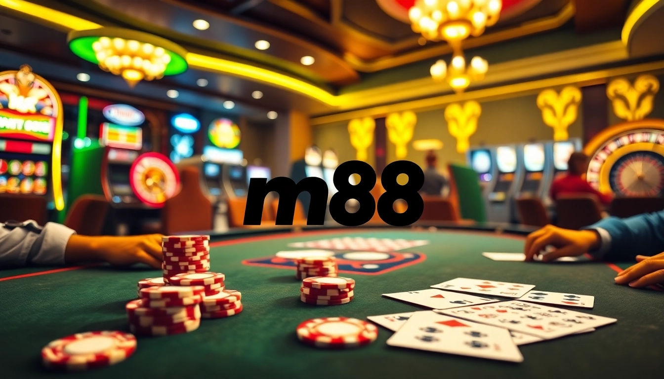 Experience the thrill of m88 casino with players engaged in high-stakes poker, surrounded by vibrant tables and slot machines.