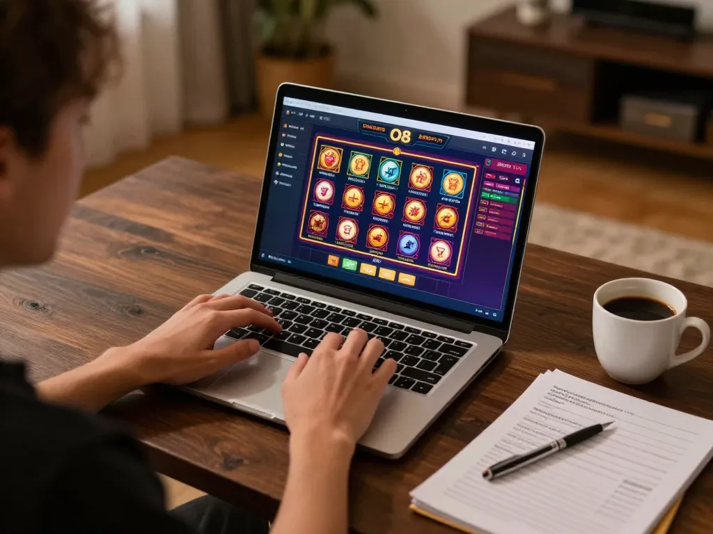 Player enjoying O8 games on laptop, highlighting strategic online gambling experience in a cozy setting.