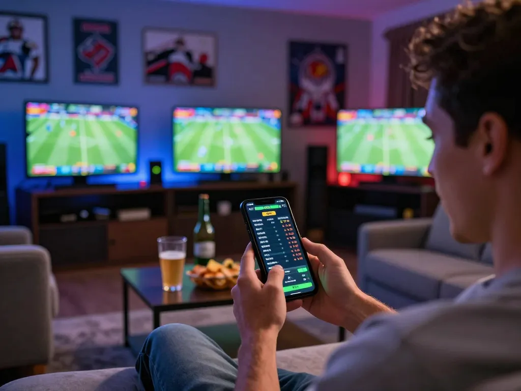 Person enjoying sports betting on mobile app in engaging home environment, featuring hoiquantv247.