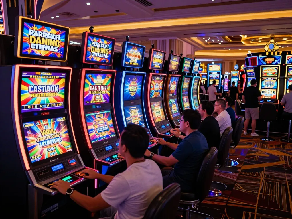 Players enjoying vibrant FLY88 slot machines in a lively Las Vegas casino, colorful displays and neon lights enhancing the gaming atmosphere.