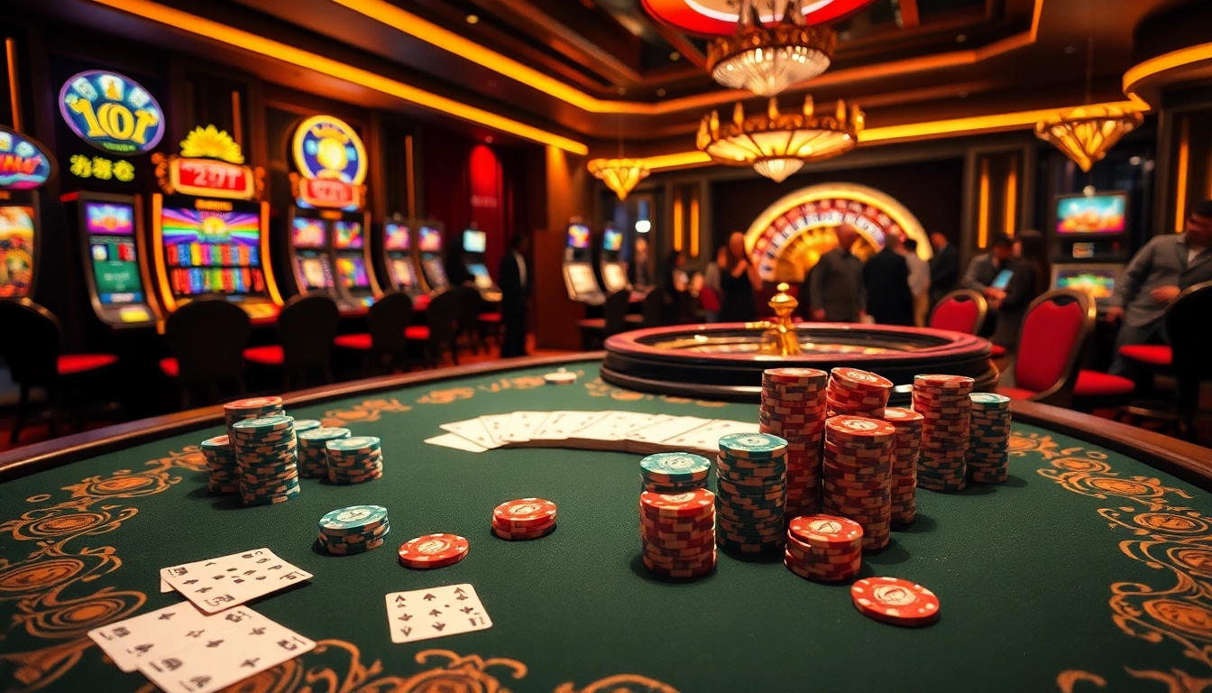 Exciting Game Bài Đổi Thưởng scene featuring poker chips and vibrant slot machines.