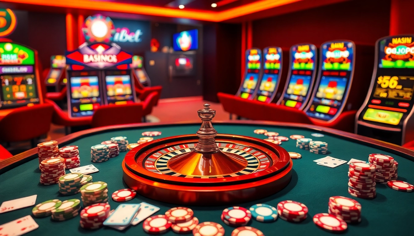 Players engaging at a vibrant i9bet casino table with colorful chips and cards.